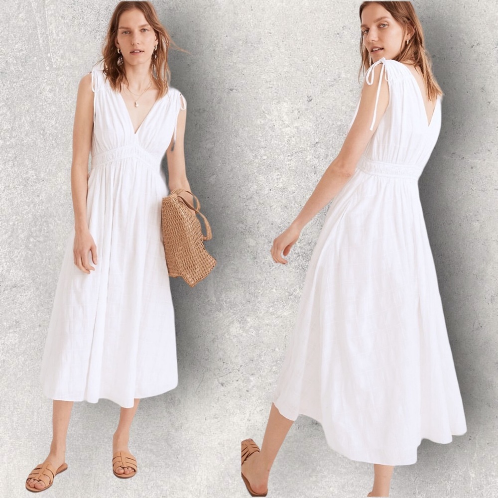 Madewell Sophia Smocked Midi Dress in Windowpane Medium White